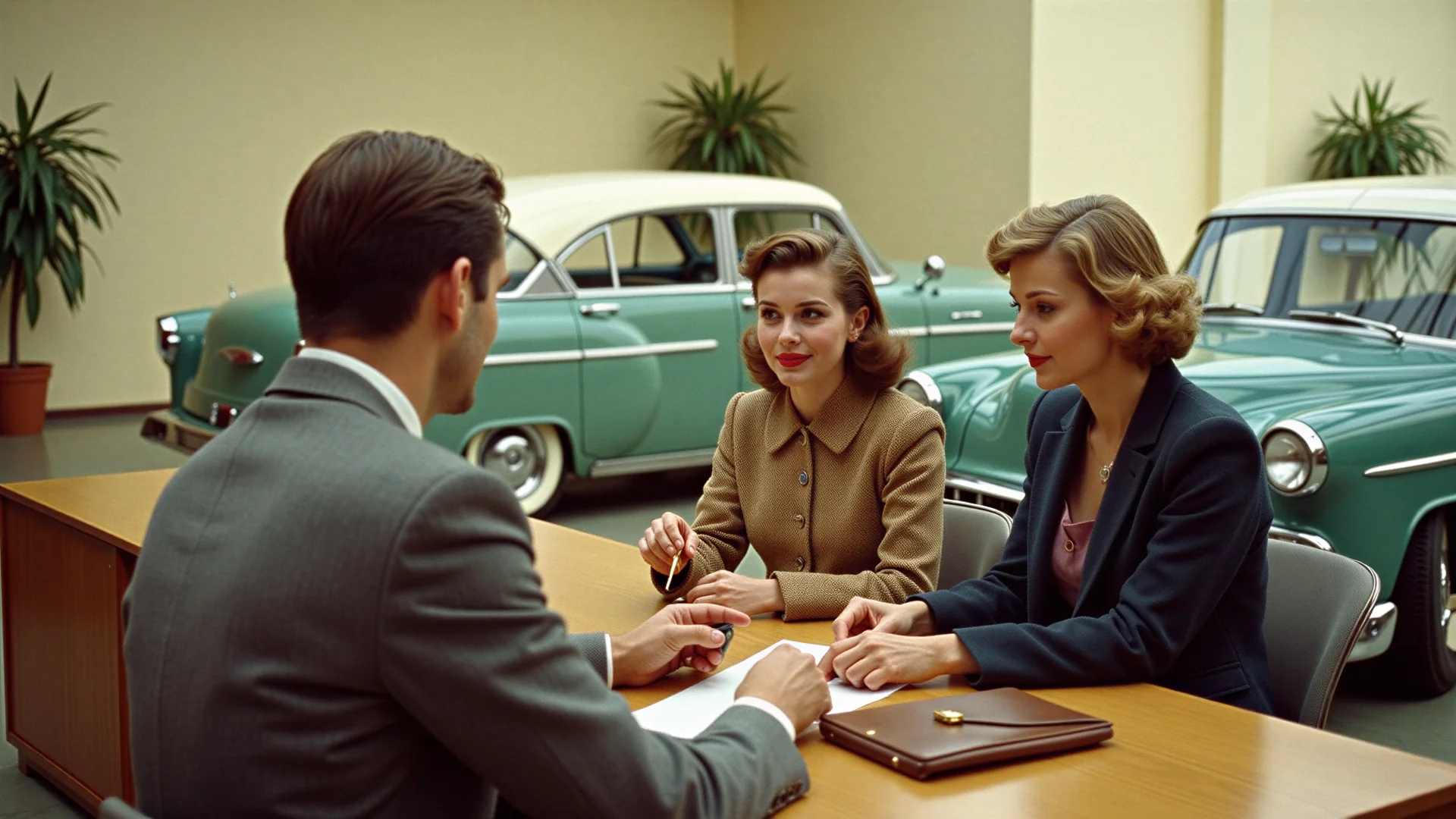 Two women sit at a desk across from a salesman seen from behind in a car showroom, two green sedans parked behind them