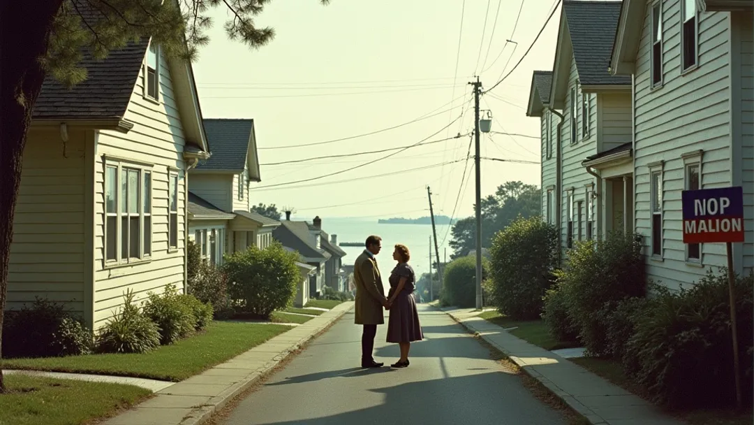 Un couple des années 1950 en tenue d'époque debout entre deux maisons sur une rue boisée avec une affiche Vendu et une affiche À vendre, le front de mer de Halifax et un phare visibles en arrière-plan