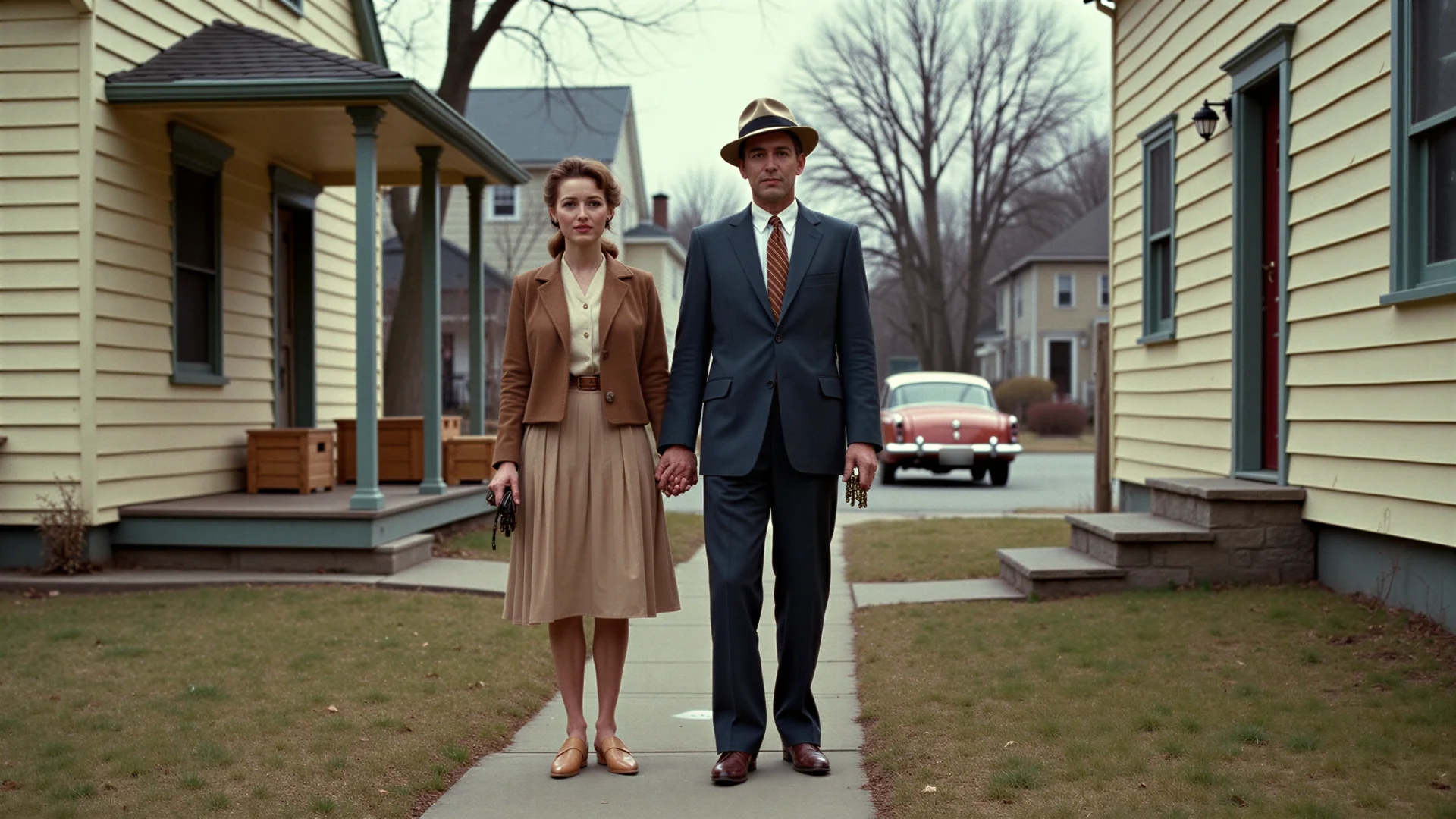 A couple stand on the path between two clapboard houses, packing crates waiting on the porch of the one behind them