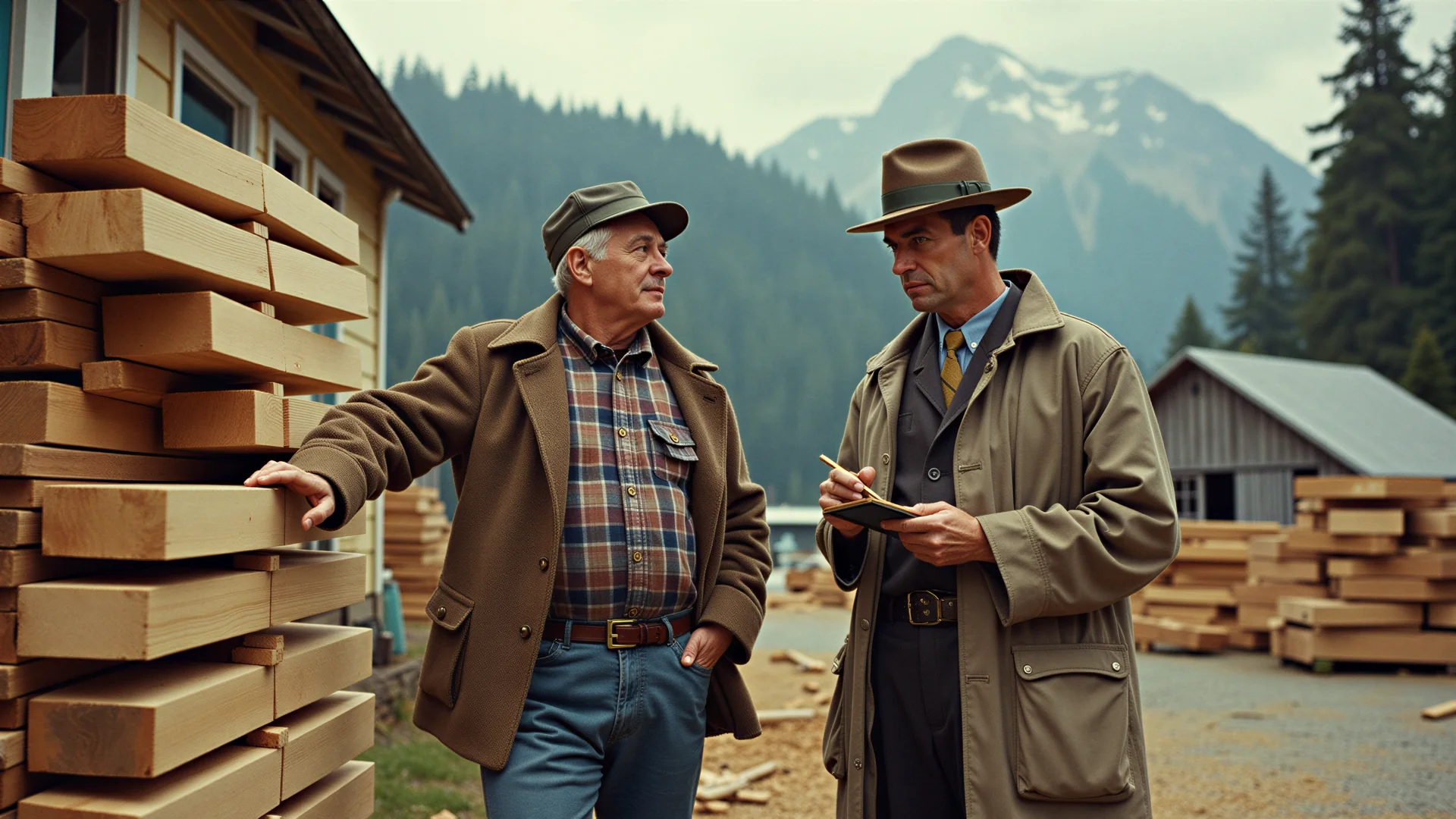 A sawmill owner rests a hand on stacked boards while a banker in a hat takes notes, forested mountains behind them