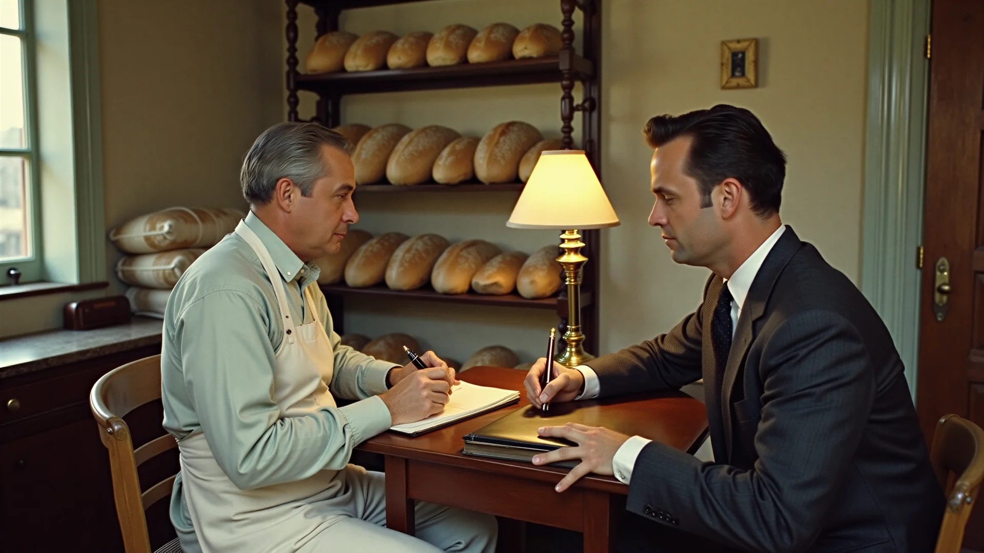 A bakery owner in an apron and a banker in a dark suit go over an account book at a desk, shelves of round loaves behind them