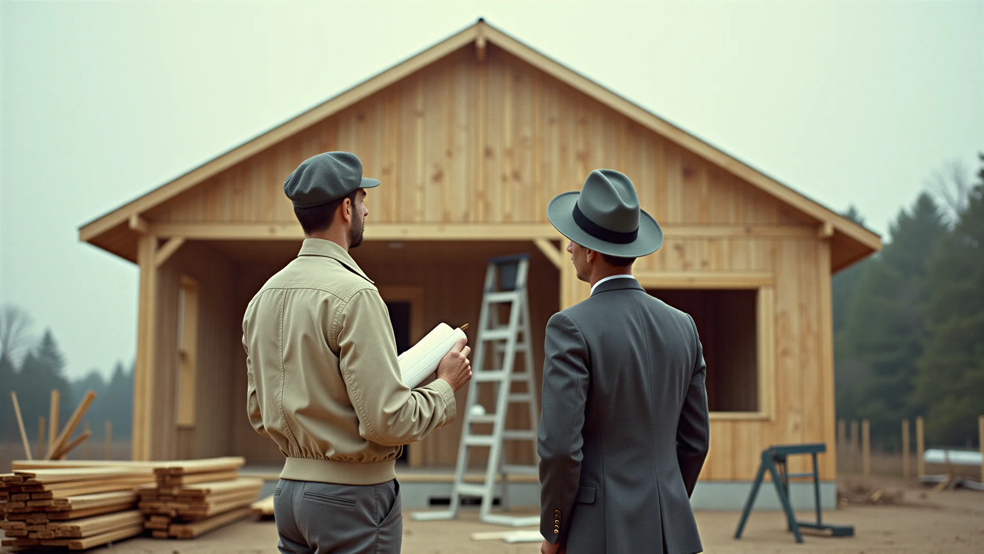Vus de dos, un constructeur en casquette et un homme en complet gris et chapeau regardent une maison de bois en chantier, des madriers empilés à côté