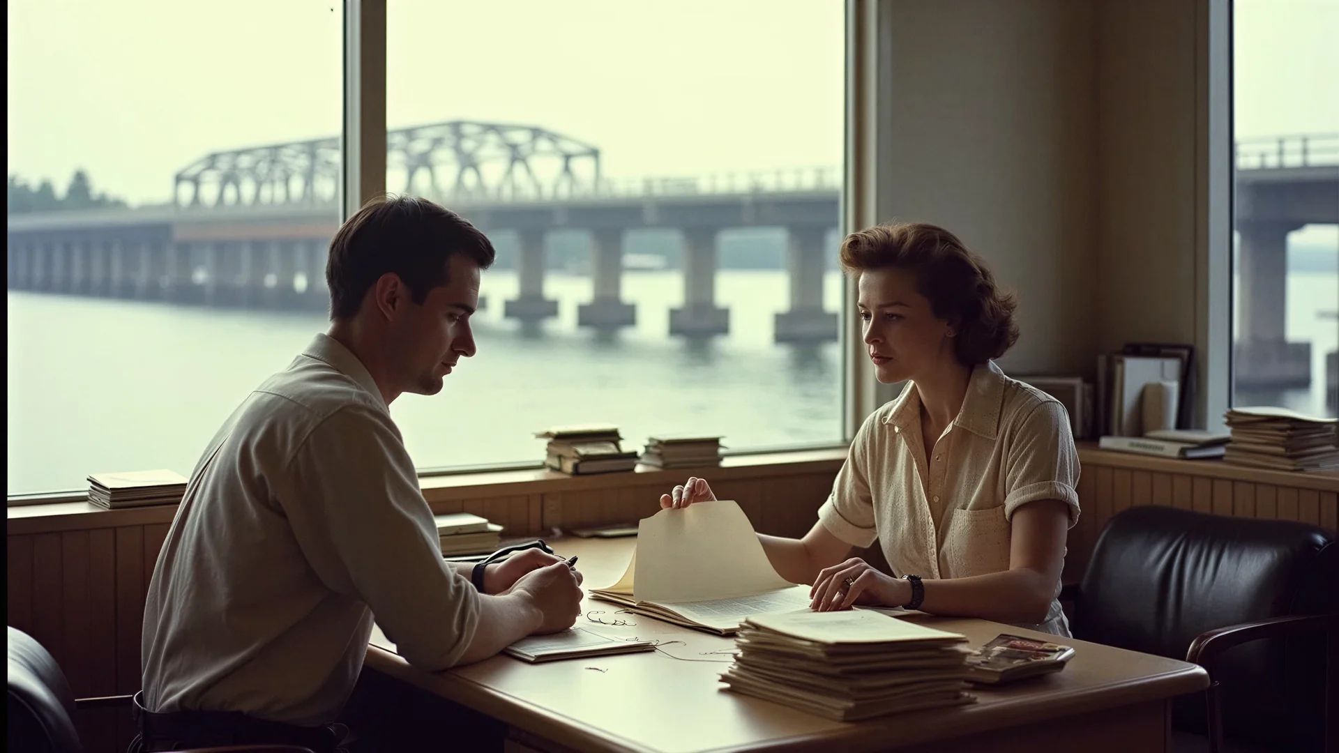 Photographie vintage Kodachrome des années 1950 d'un couple au bureau d'un banquier organisant des piles de papiers dans un seul dossier bien rangé, port maritime et pont couvert visibles à travers la fenêtre, tons chauds et grain naturel