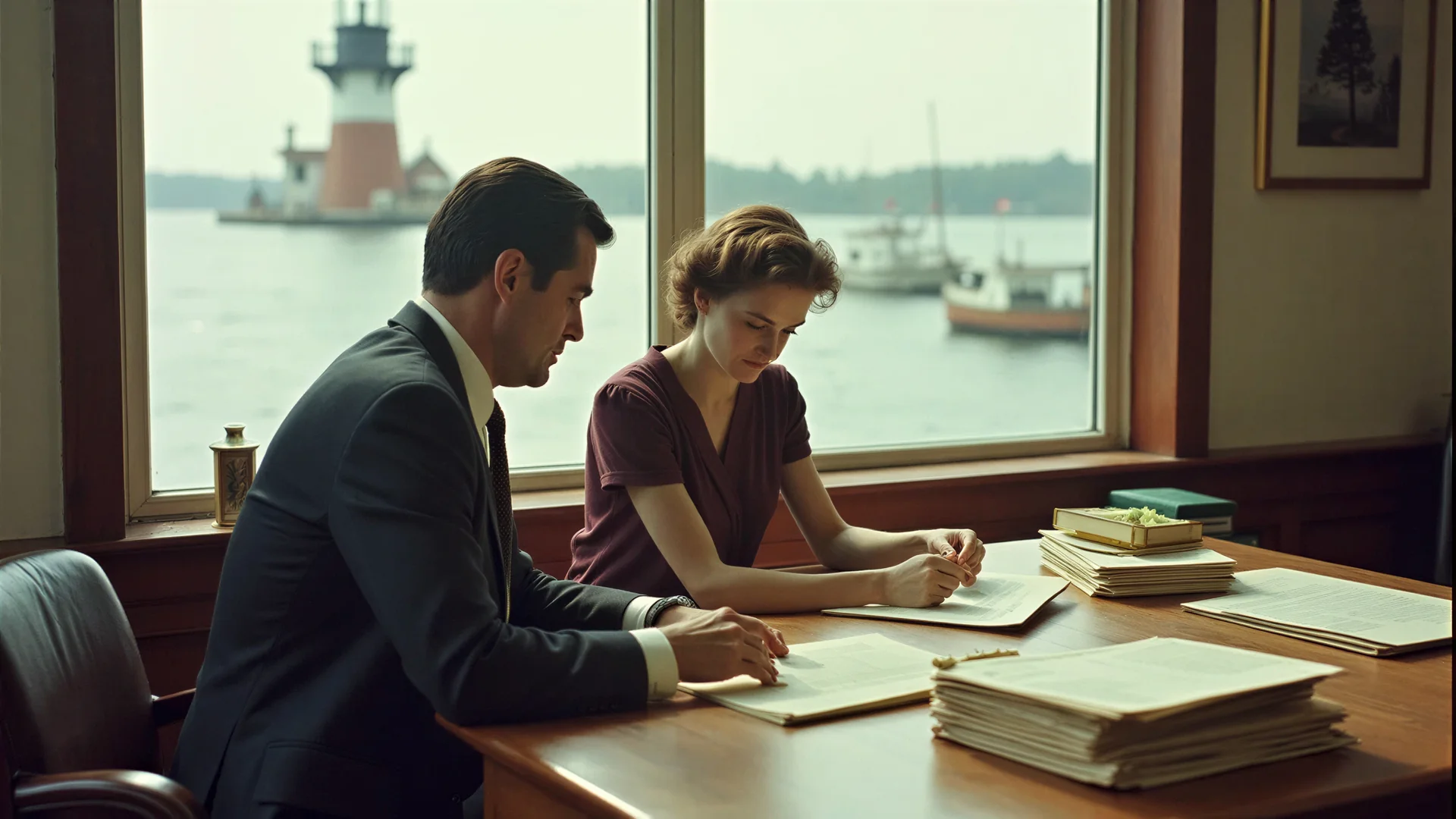Photographie vintage Kodachrome des années 1950 d'un couple au bureau d'un banquier organisant des piles de papiers dans un seul dossier bien rangé, front de mer de Halifax et phare visibles à travers la fenêtre, atmosphère de village de pêcheurs, tons chauds et grain naturel