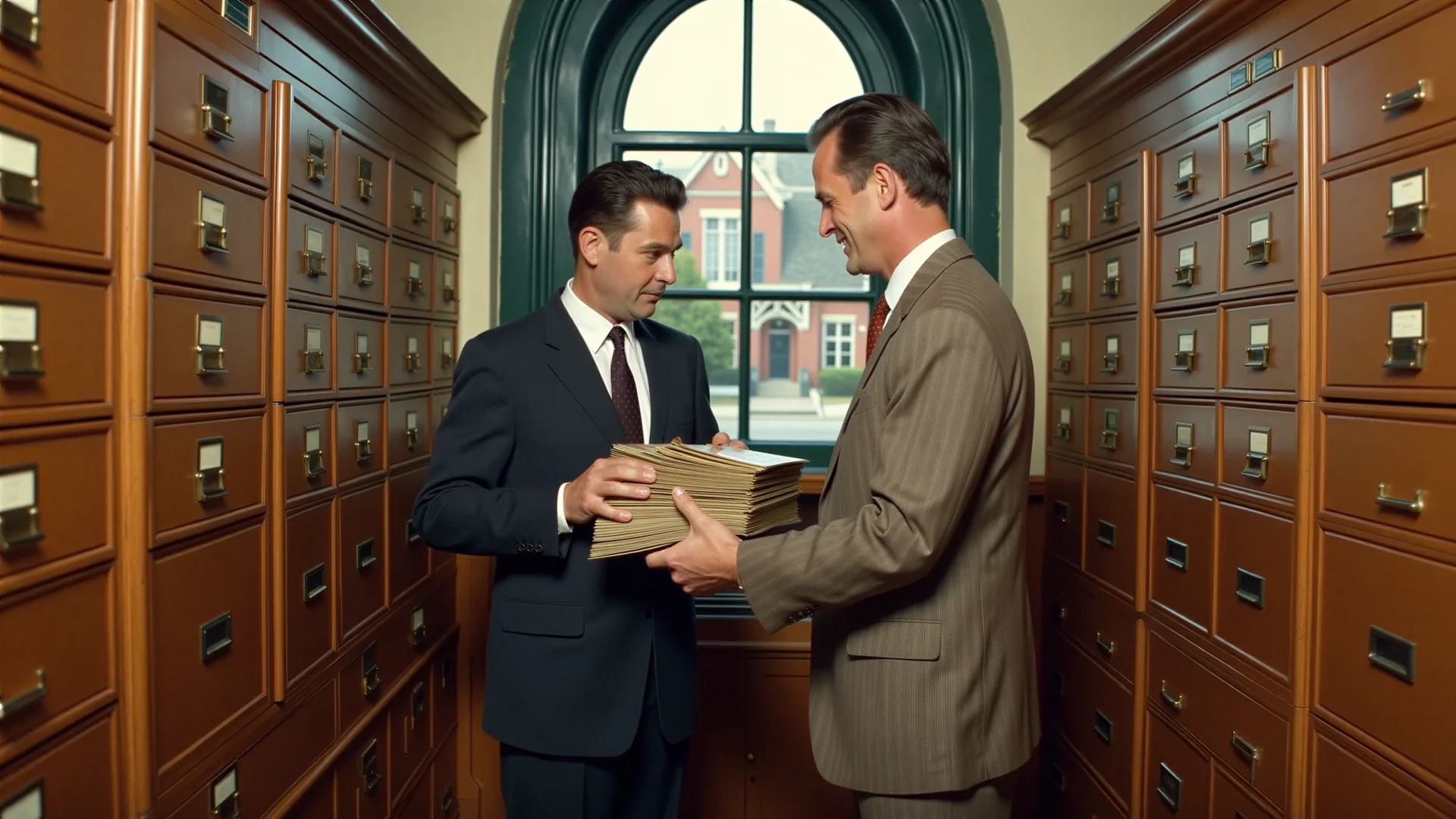 Two men in suits stand between walls of oak filing drawers, one passing a single thick stack of files to the other