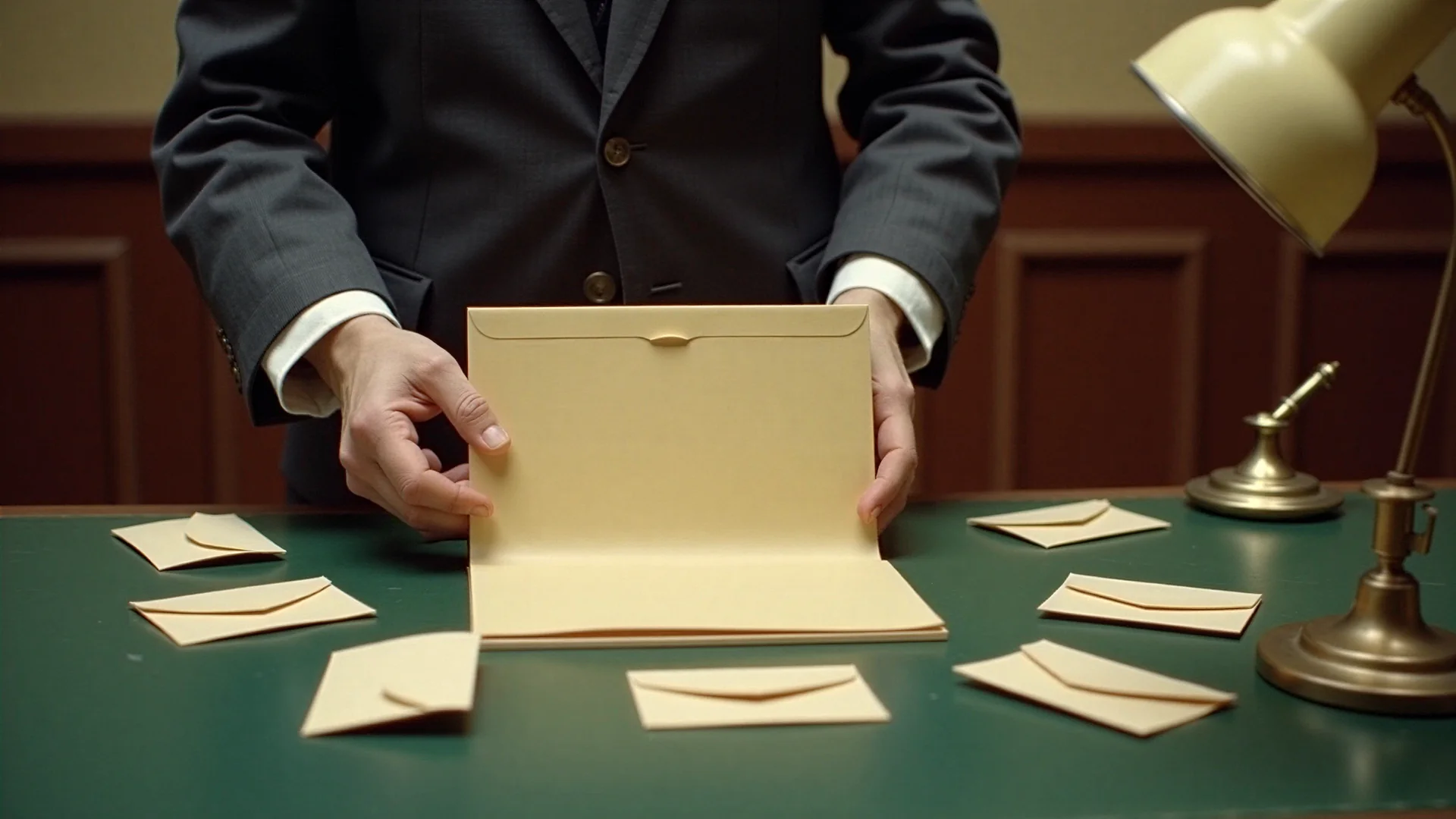 A clerk's hands hold one open manila folder on a green desk, with small cream envelopes scattered around it