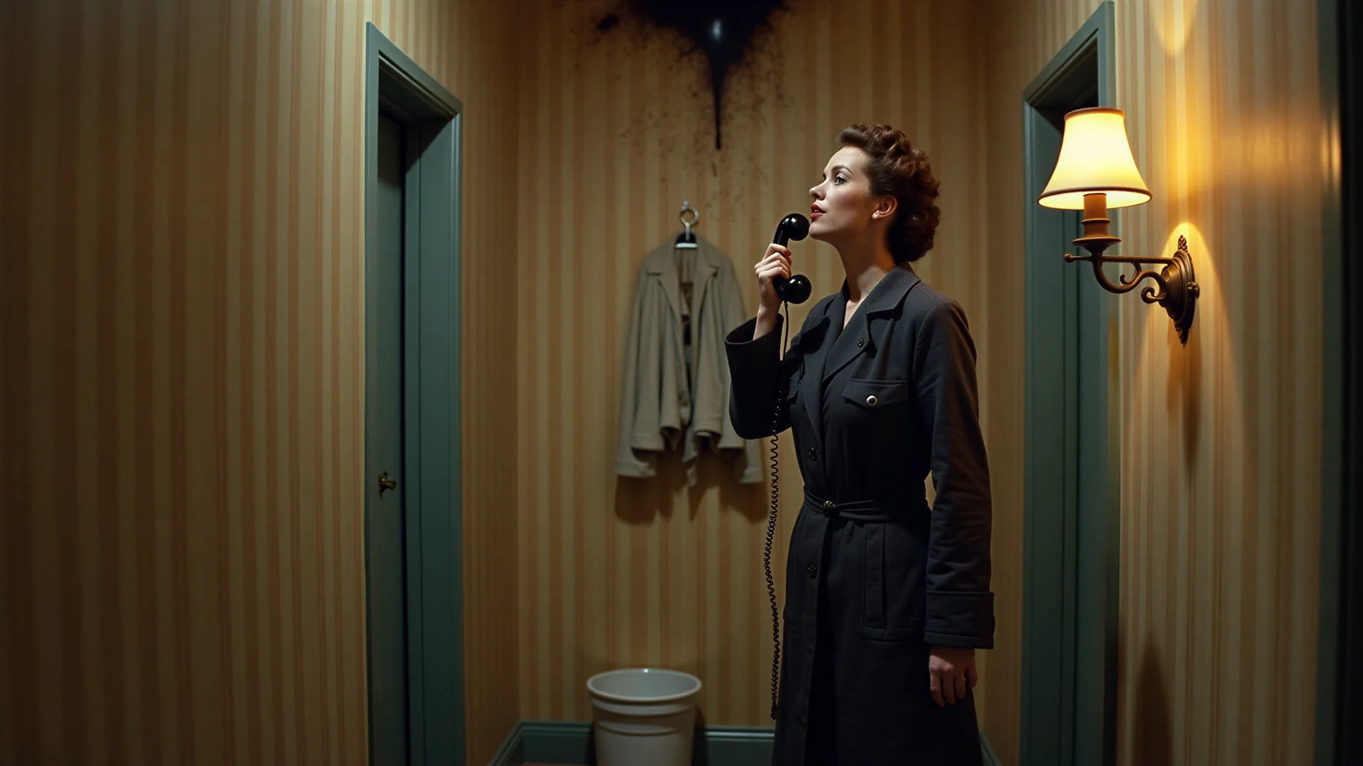 A woman in a dark coat speaks into a wall telephone in a hallway, a dark water stain spreading on the ceiling above a bucket on the floor