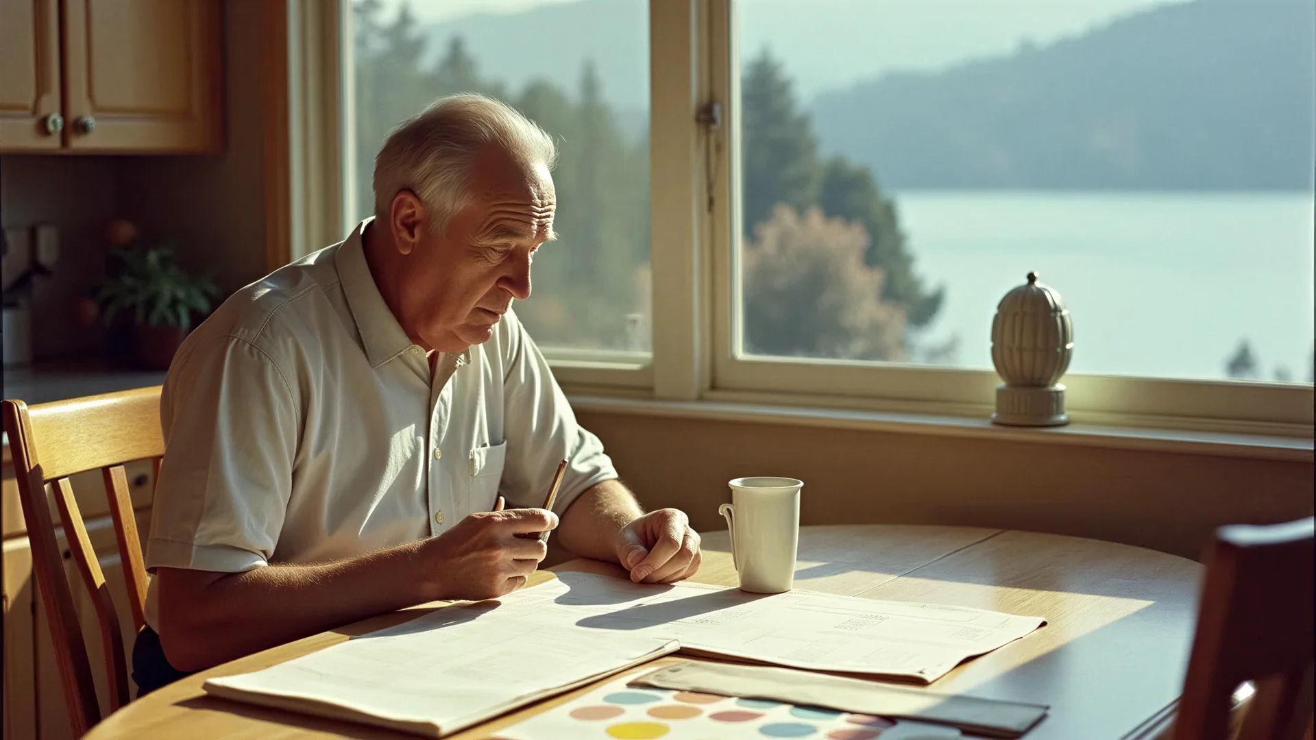 A homeowner reviewing renovation plans at a kitchen table with paint swatches and blueprints spread out, 1950s home interior, mountains and Pacific harbor visible through the kitchen window