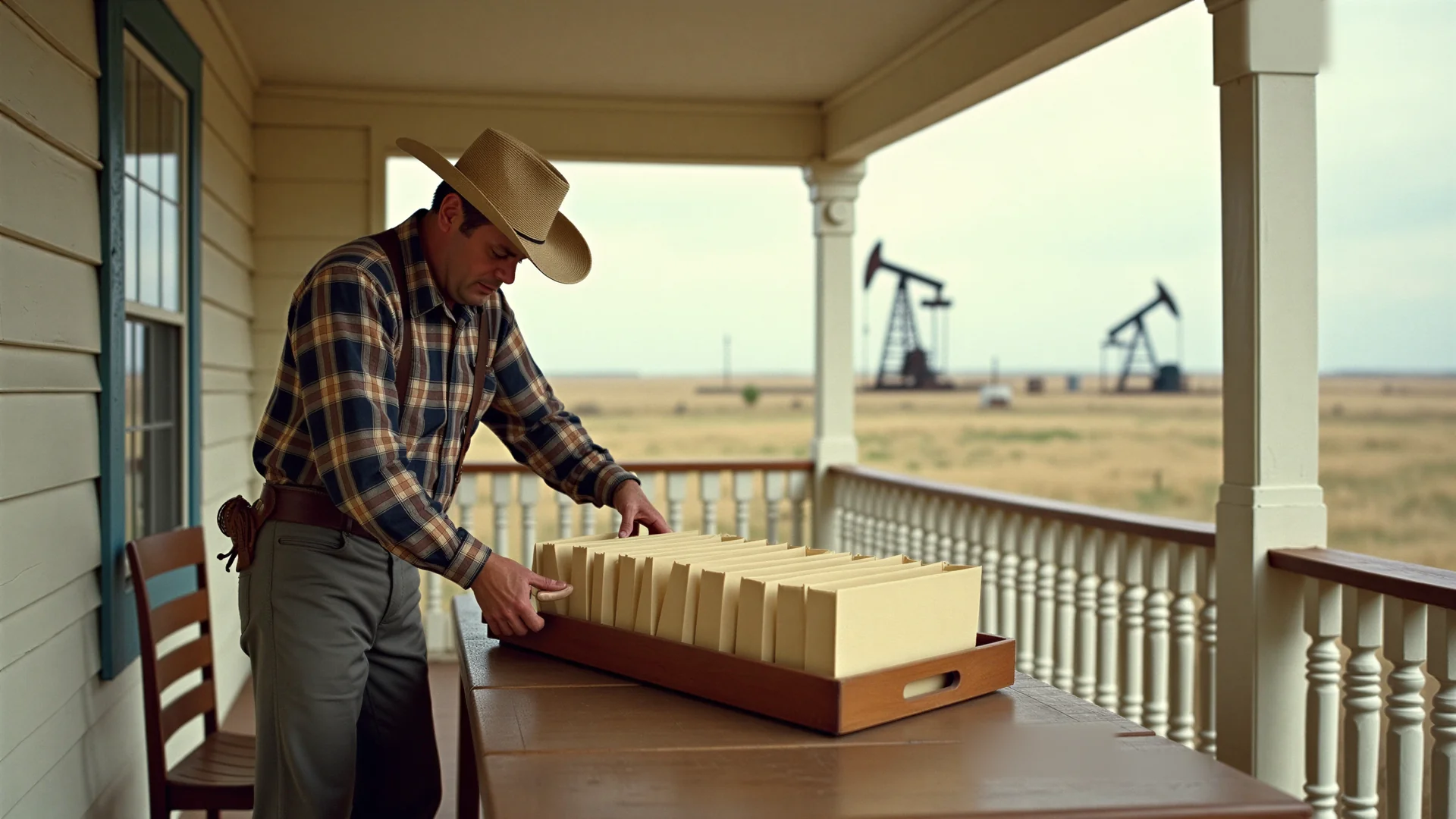 A man in a plaid shirt and straw hat handles envelopes in a tray, with oil pumpjacks on the prairie behind him