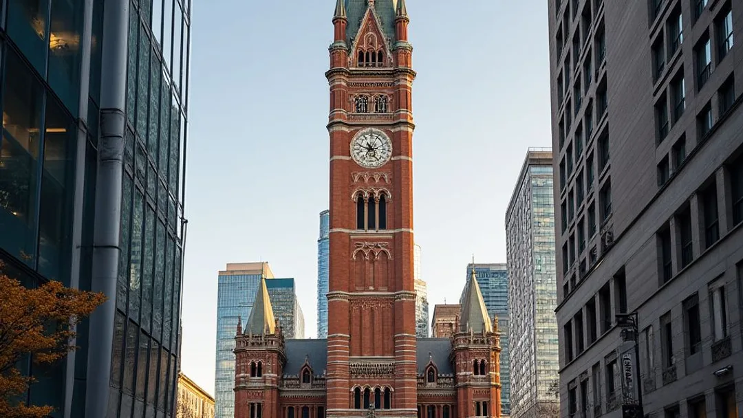 La tour de l'horloge de l'ancien hôtel de ville de Toronto encadrée par des immeubles de bureaux modernes par une journée claire, vue depuis la place Nathan Phillips