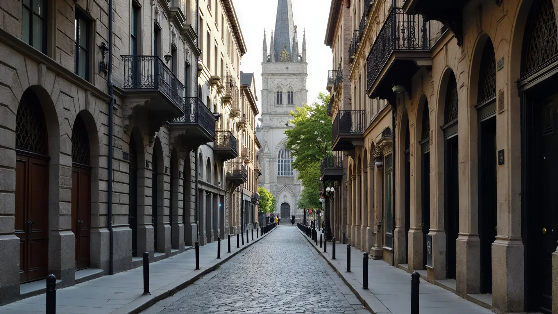 Cobblestone street in Old Montreal lined with historic greystone buildings and wrought-iron balconies on a summer afternoon, with the Basilique Notre-Dame visible in the distance