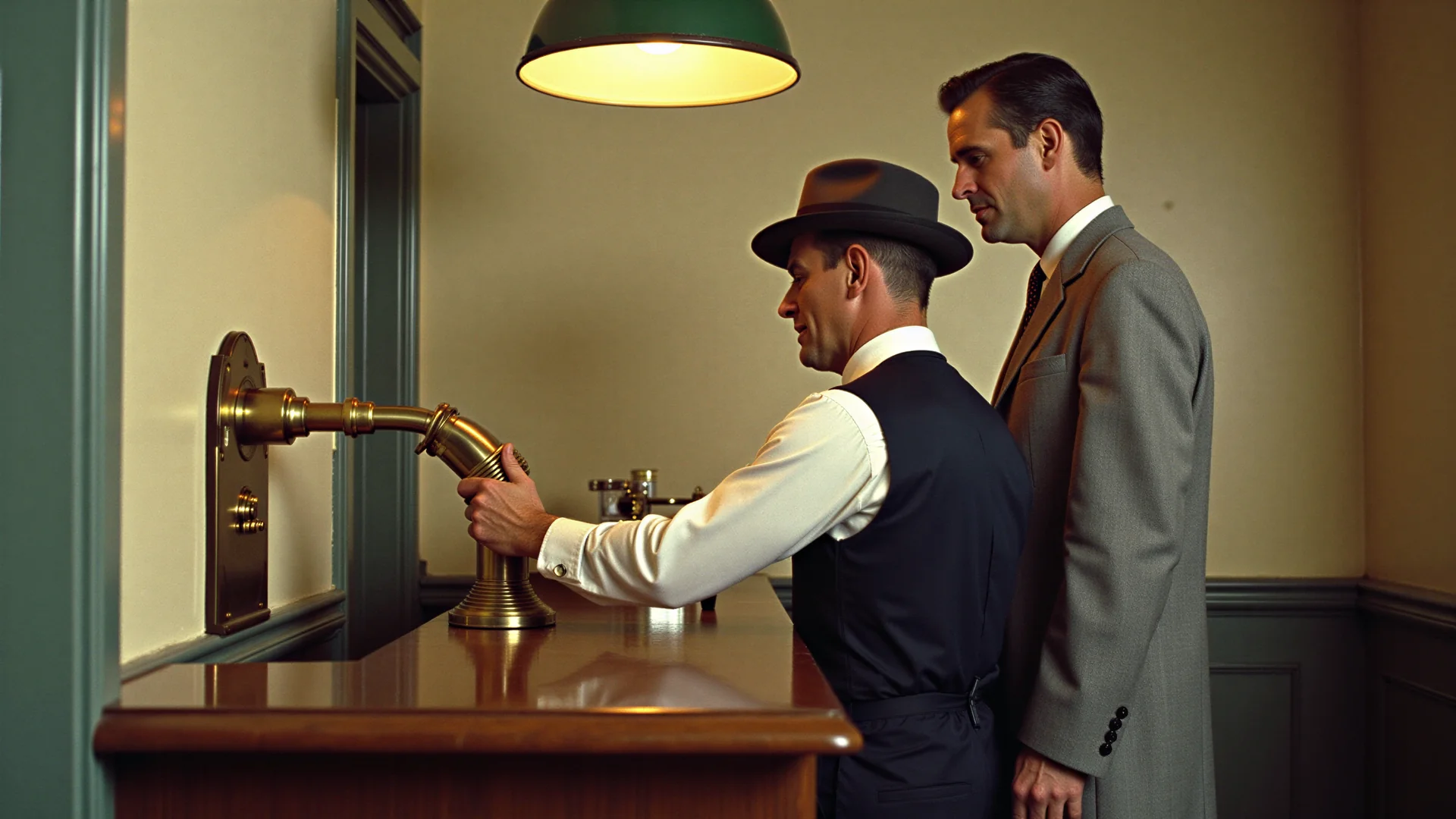 A man in a vest and fedora handles the brass mouth of a pneumatic tube at a bank counter while a man in a grey suit watches over his shoulder