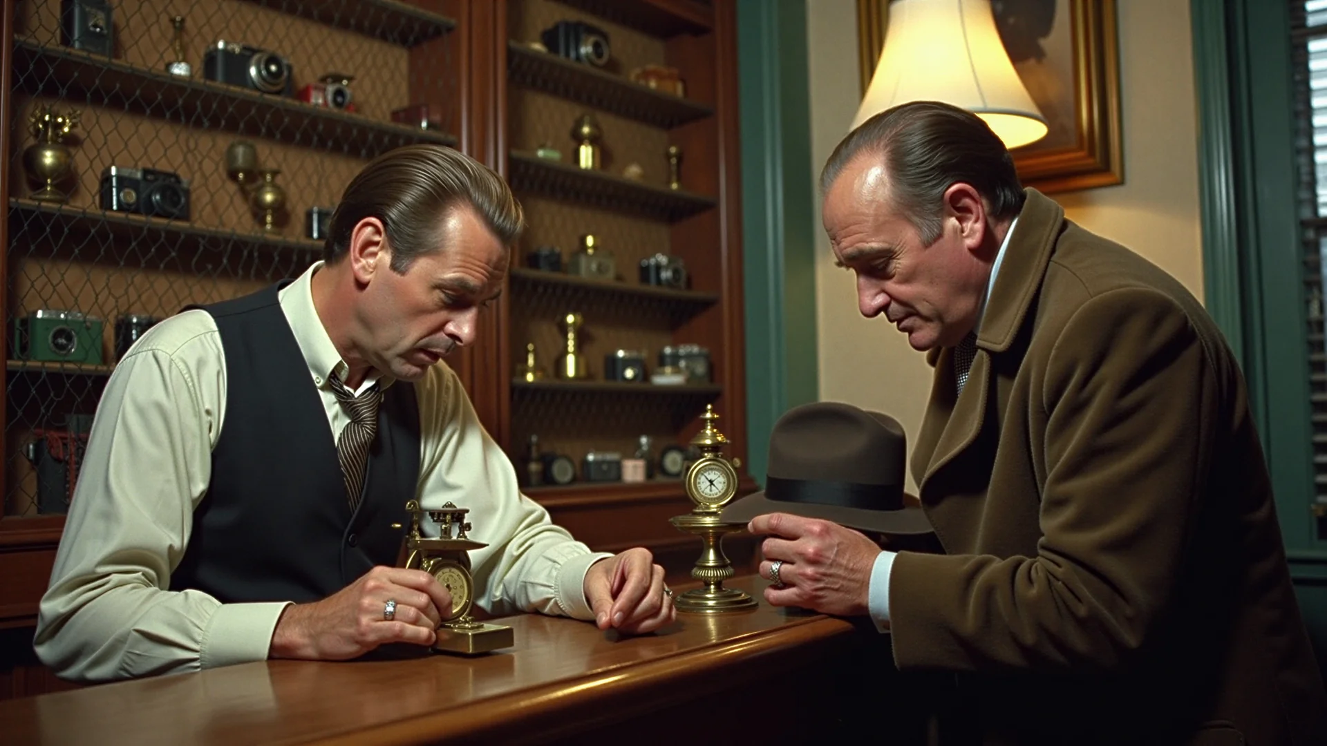 Au comptoir, un commerçant en gilet examine une petite horloge de laiton devant un homme en pardessus, chapeau à la main, des appareils photo derrière