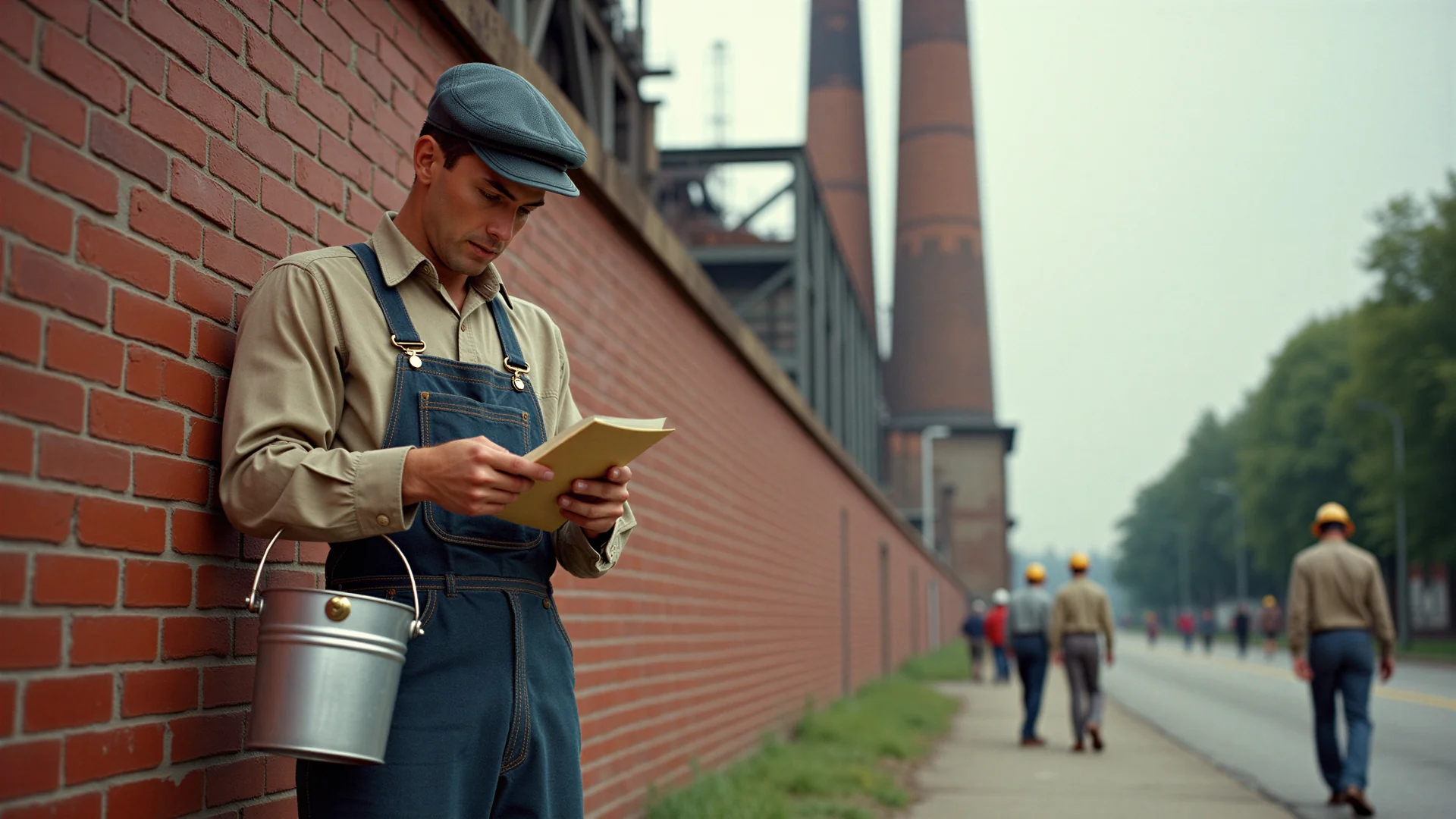 A worker in overalls and a flat cap leans on a red-brick factory wall, looking into a small pay envelope, a metal pail hanging from his arm