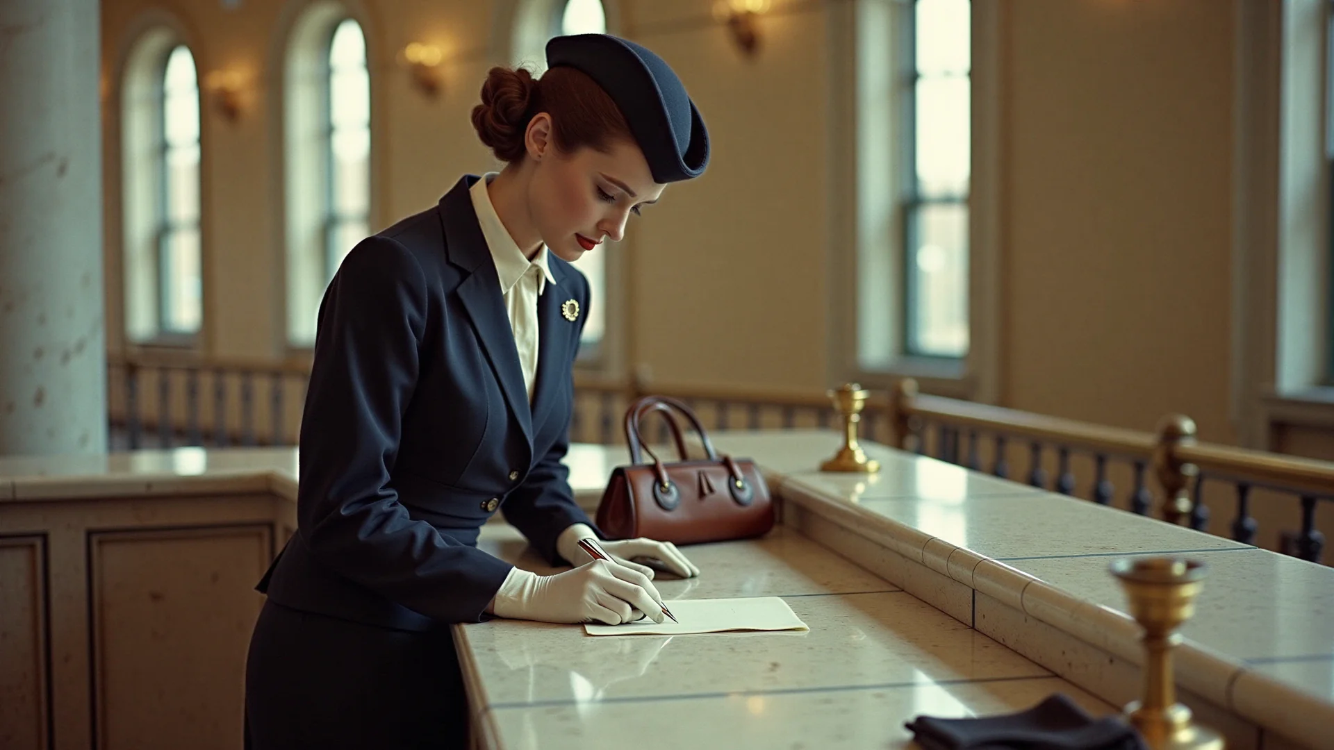 Une femme en tailleur marine et chapeau écrit sur une feuille à un comptoir de marbre dans le hall d'une banque, son sac à main près d'elle
