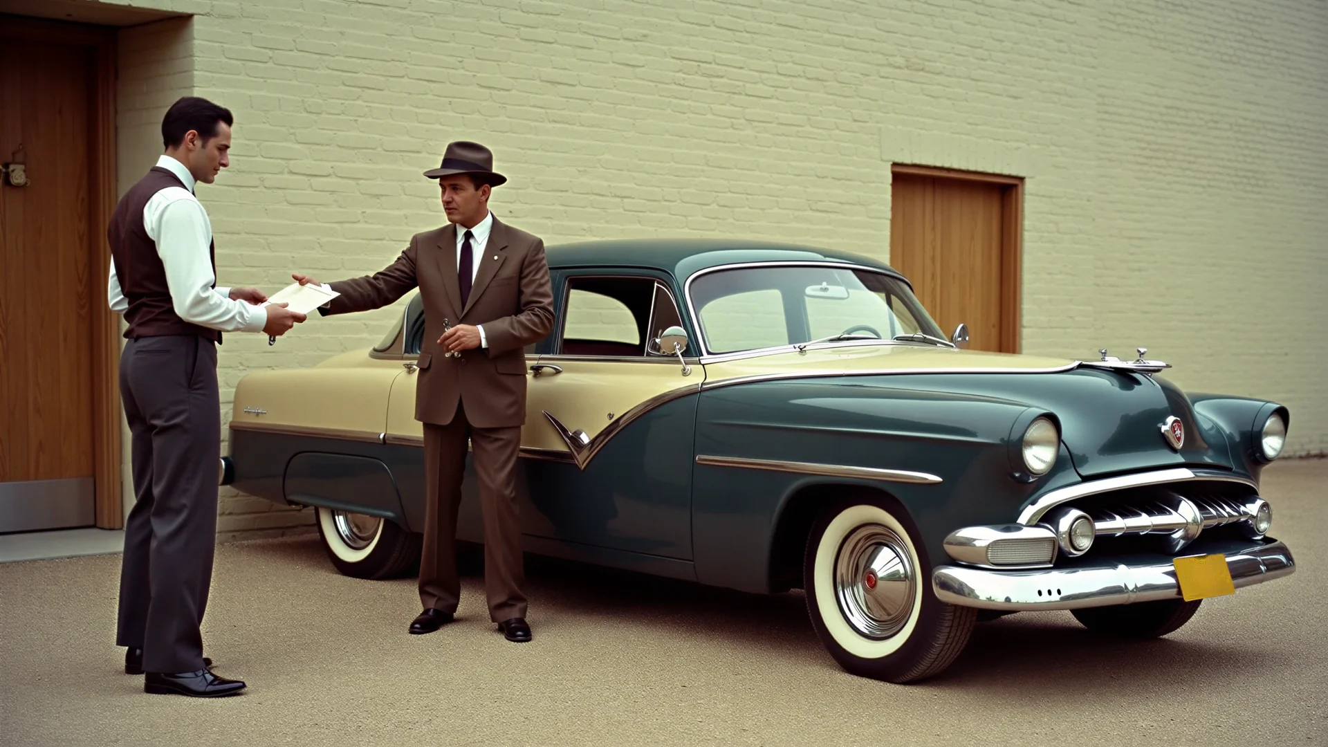 A man in a brown suit and hat hands a folded paper to a man in a vest, in front of a two-tone 1950s sedan and a white brick wall