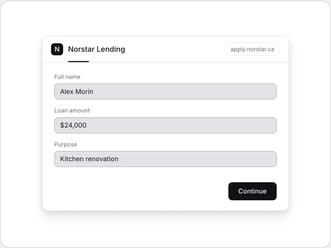 A loan application screen carrying a lender's logo, colours and domain