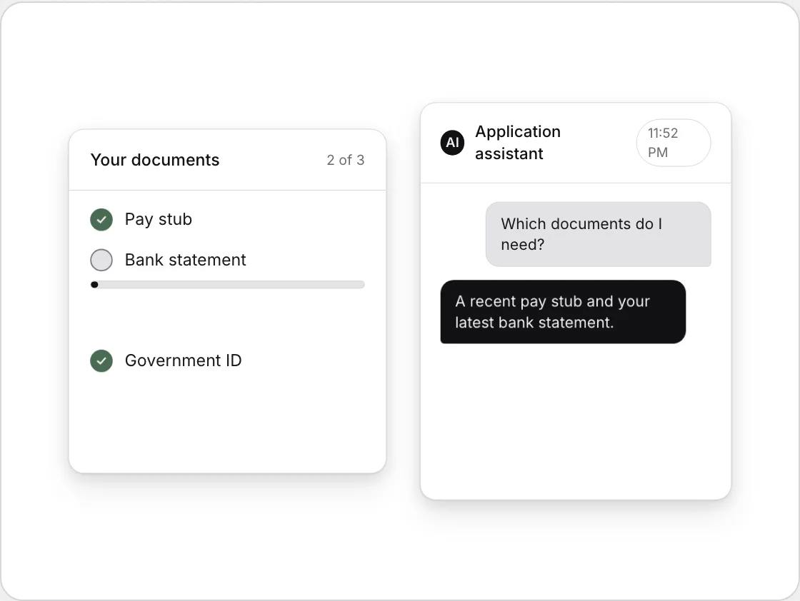 The portal's AI assistant answering a borrower's question next to their application checklist