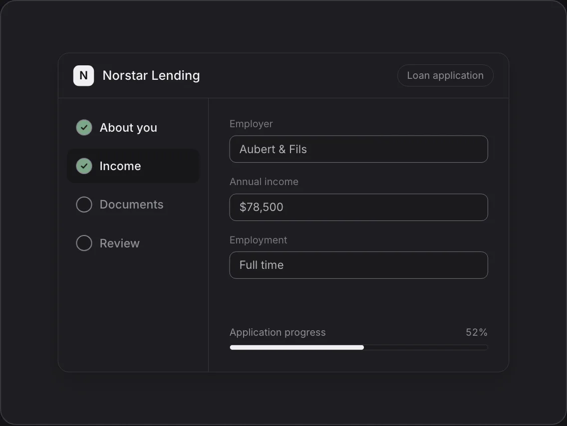 The Sphera borrower portal showing a guided loan application in a lender's own branding